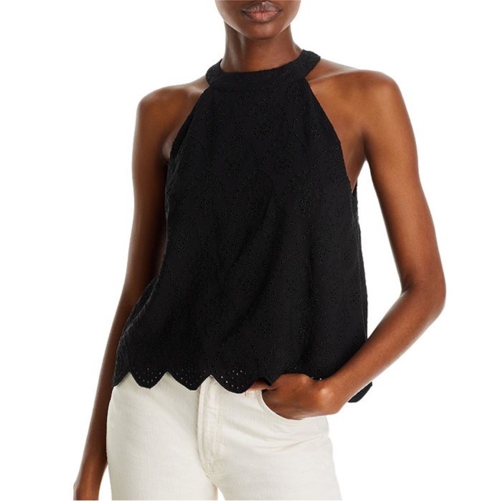 Aqua black eyelet scalloped high neck cotton tank top with cut out detail XS